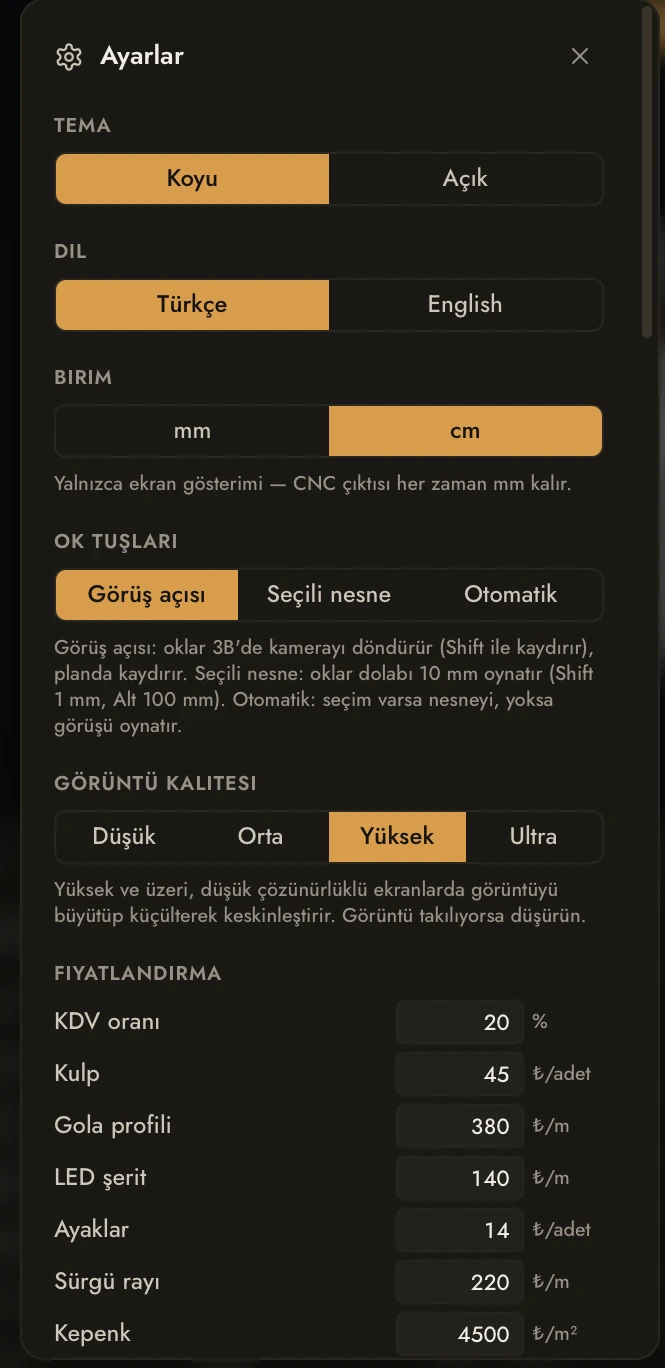 Ayarlar penceresi: tema, dil, birim, ok tuşları, görüntü kalitesi ve fiyat kitabının ilk satırları